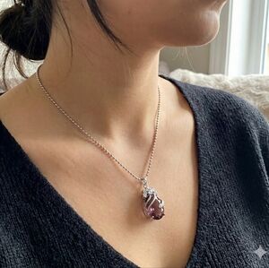 Silver Pendant Necklace with an Oval-shape Brown Stone and Cubic Zirconia Accent